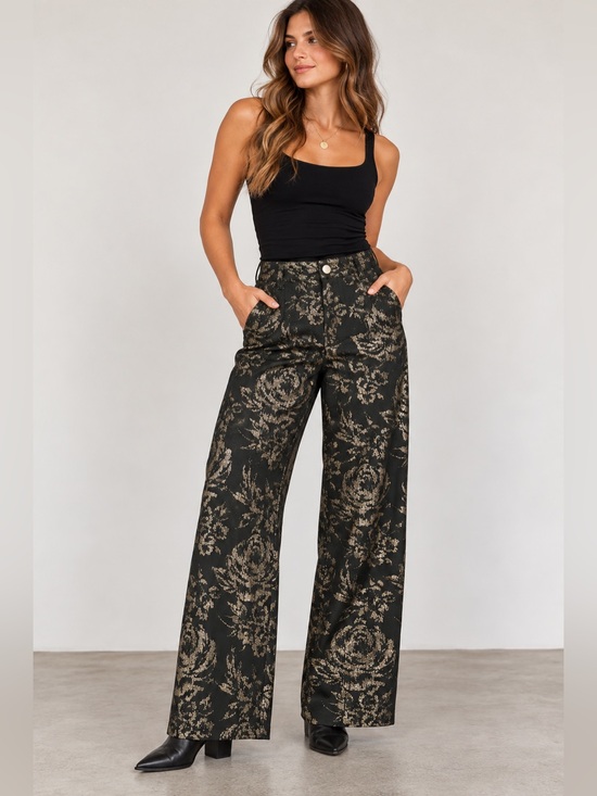 Jules & Leopold Pants - Jules & Leopold Metallic Floral Wide Leg Pants Black Gold Roses L
